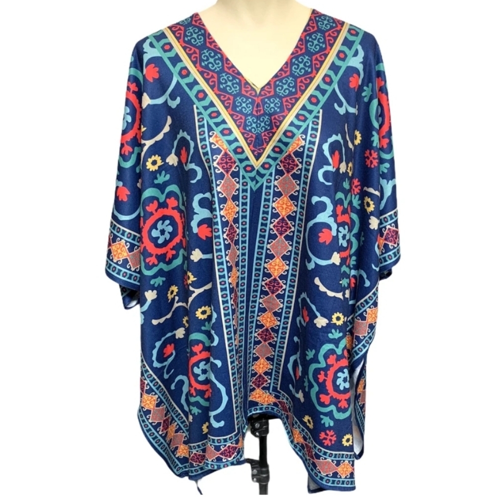 MACYS Lady's World Boho Aztec Open Side Blue Coverup NWT PLUS OSFM
